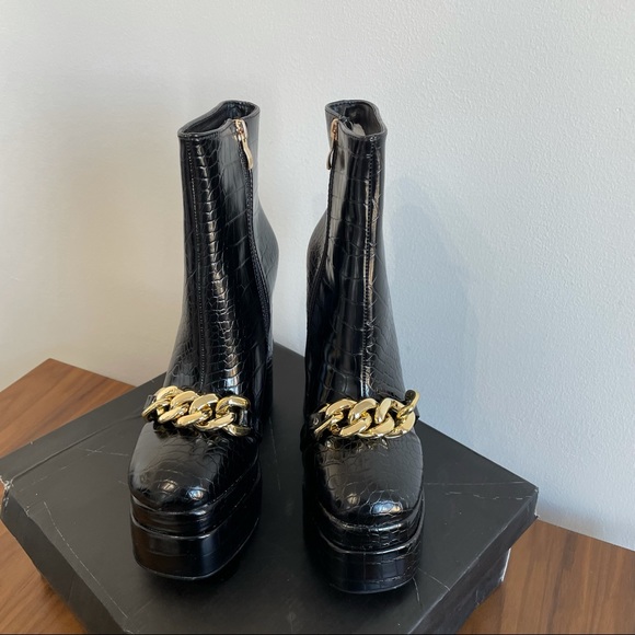 Ego Roxy Chain detail croc embossed black platform heeled boots - Picture 3 of 8